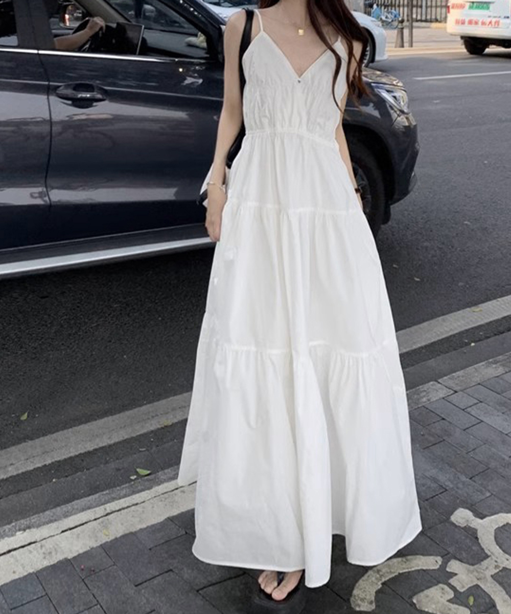 リネン素材キャミワンピース ブイネック段々長袖ワンピース