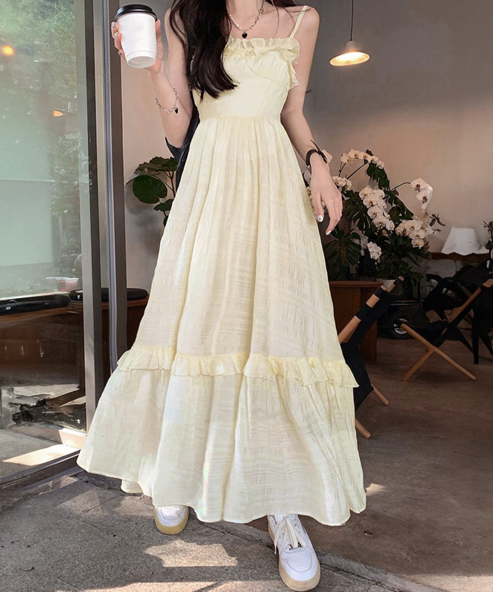 胸元フリルキャミワンピース ティアード長袖