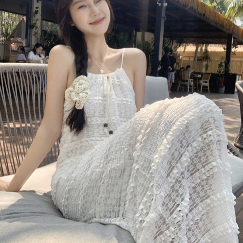 レース素材 細見えキャミワンピース 白レディース服