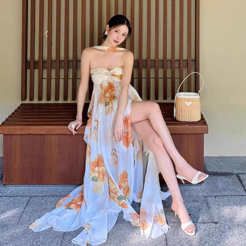 キャミワンピース 花柄シフォンフリルロング丈キャミワンピース