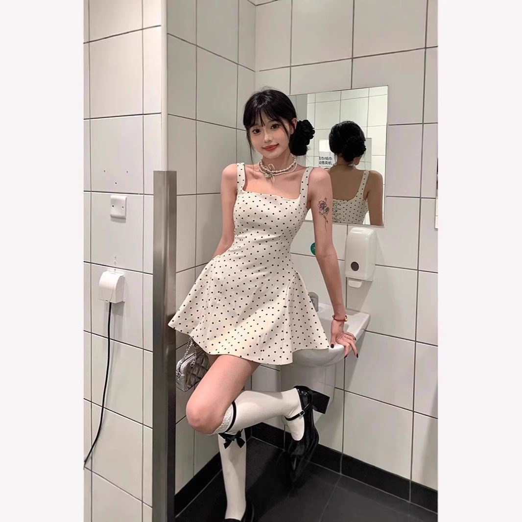 キャミワンピース 水玉柄フレアキャミワンピース　白