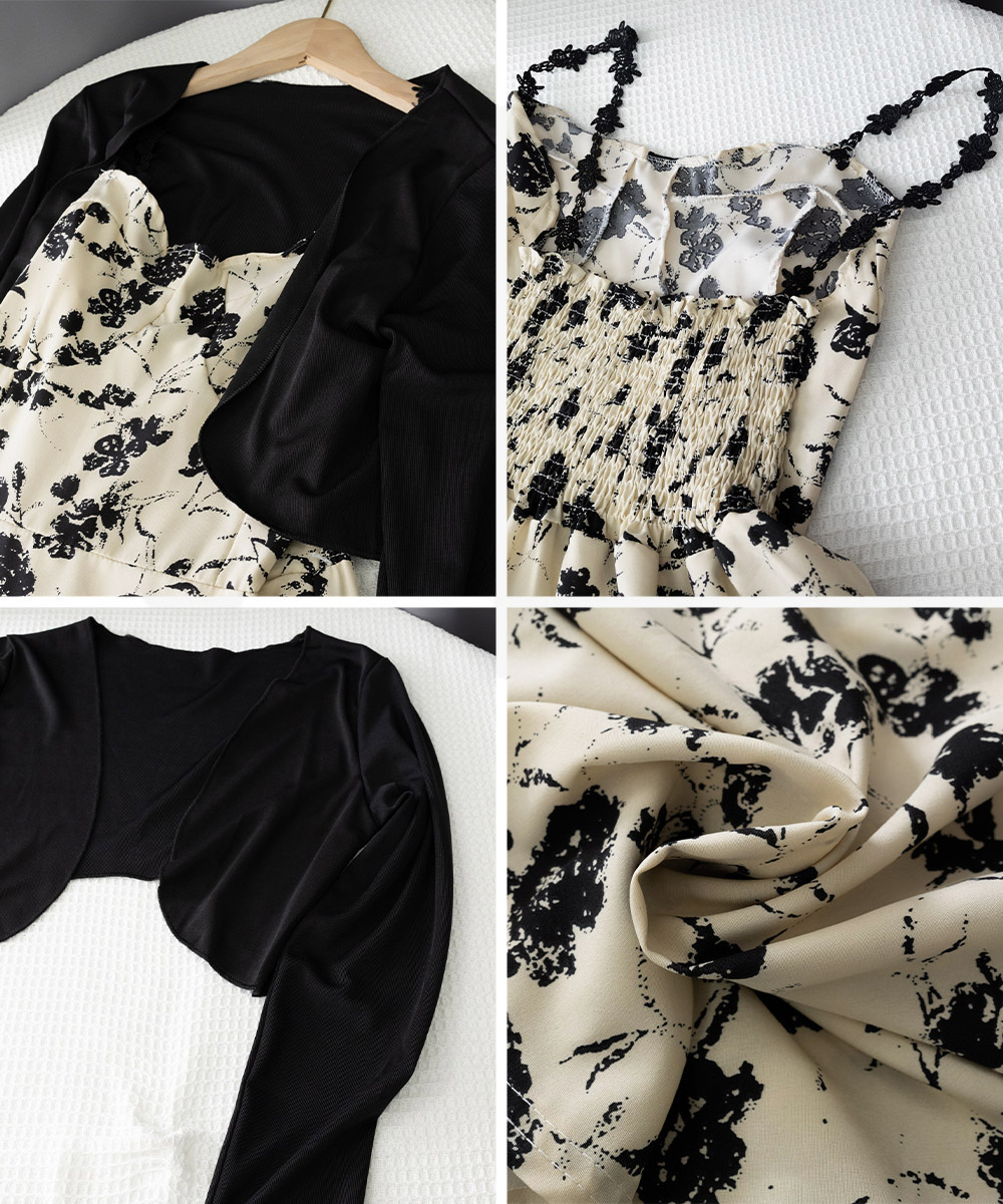 花柄リネン キャミワンピース カーディガン 2点セット