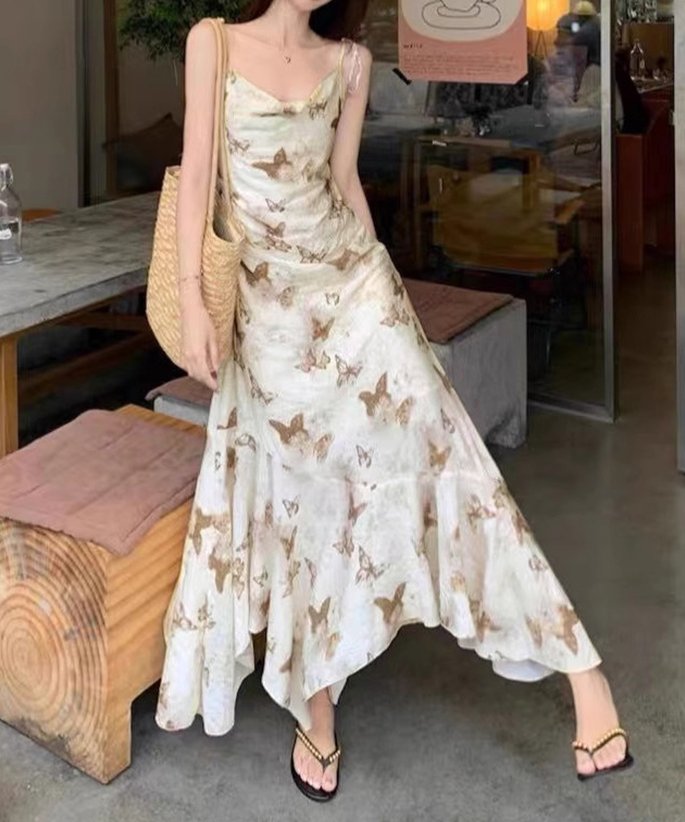 蝶柄ニットキャミワンピース 不規則裾夏服