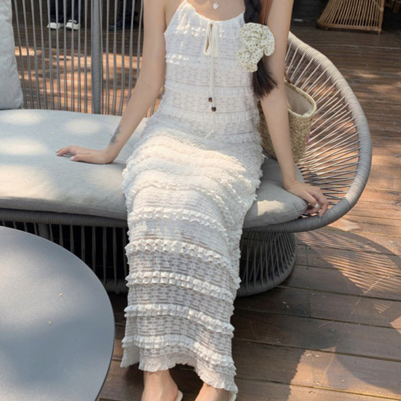 レース素材 細見えキャミワンピース 白レディース服