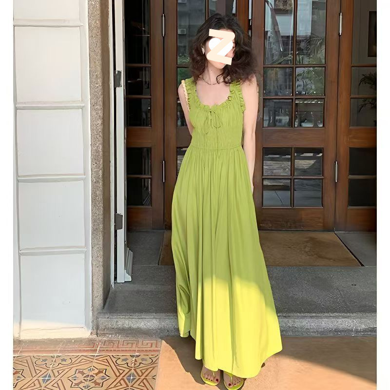 キャミワンピース フリルストラップリボン付きシャーリングロングキャミワンピース　グリーン