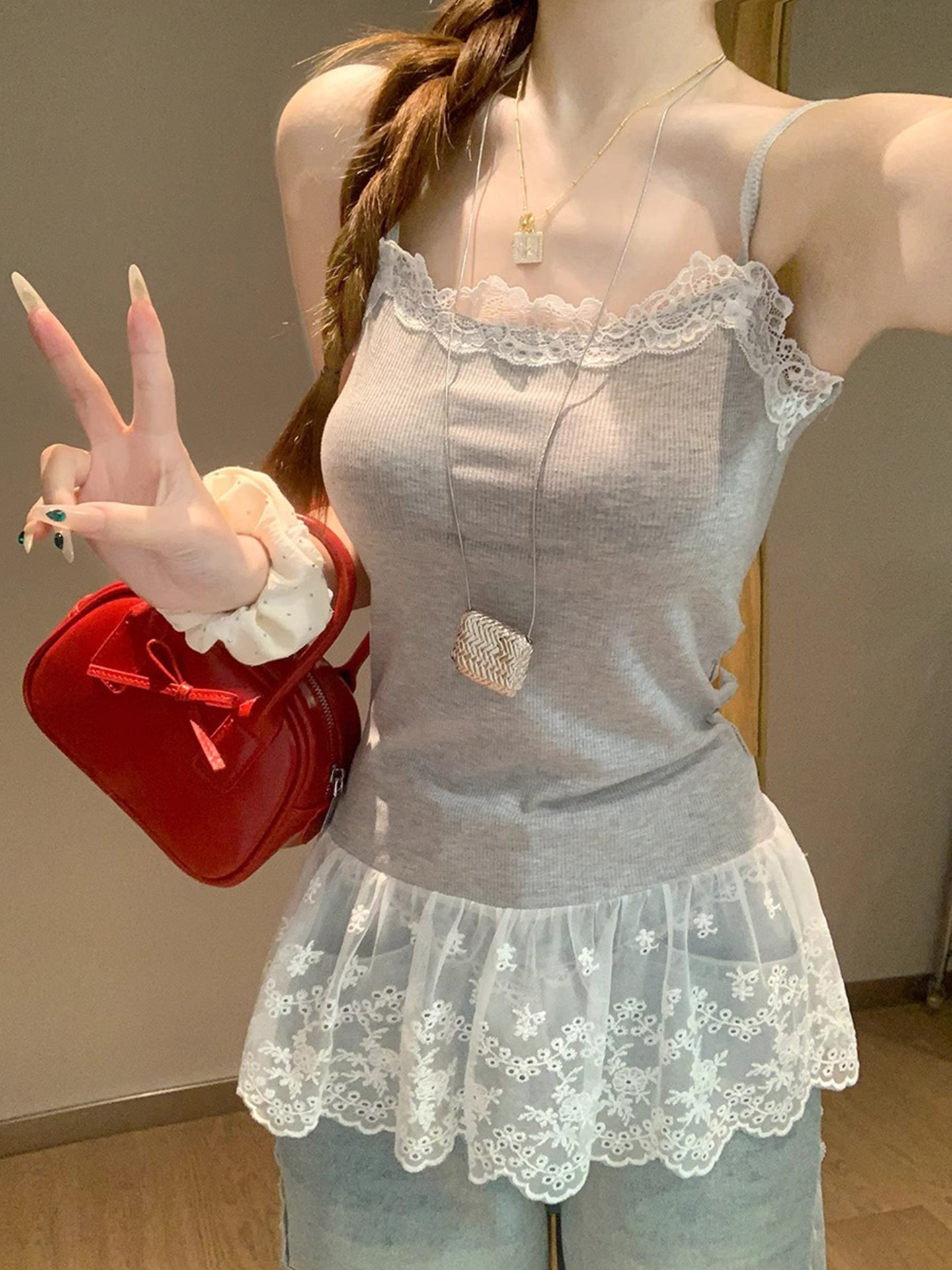 キャミワンピース レースフリルリブキャミワンピース
