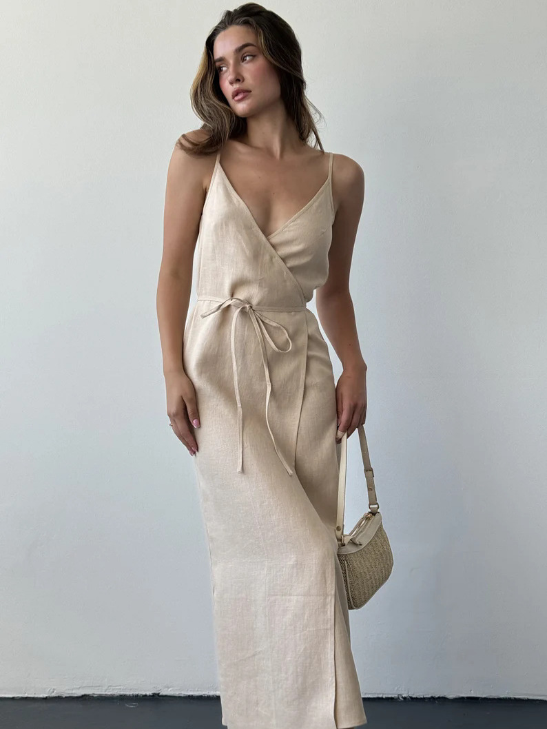 キャミワンピース リネン風素材巻き型キャミワンピース