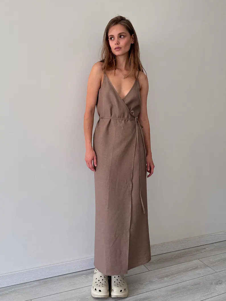 キャミワンピース リネン風素材巻き型キャミワンピース