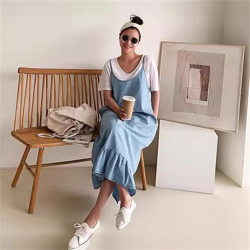 春夏新作ニット素材の体型カバー裾フリルキャミワンピース