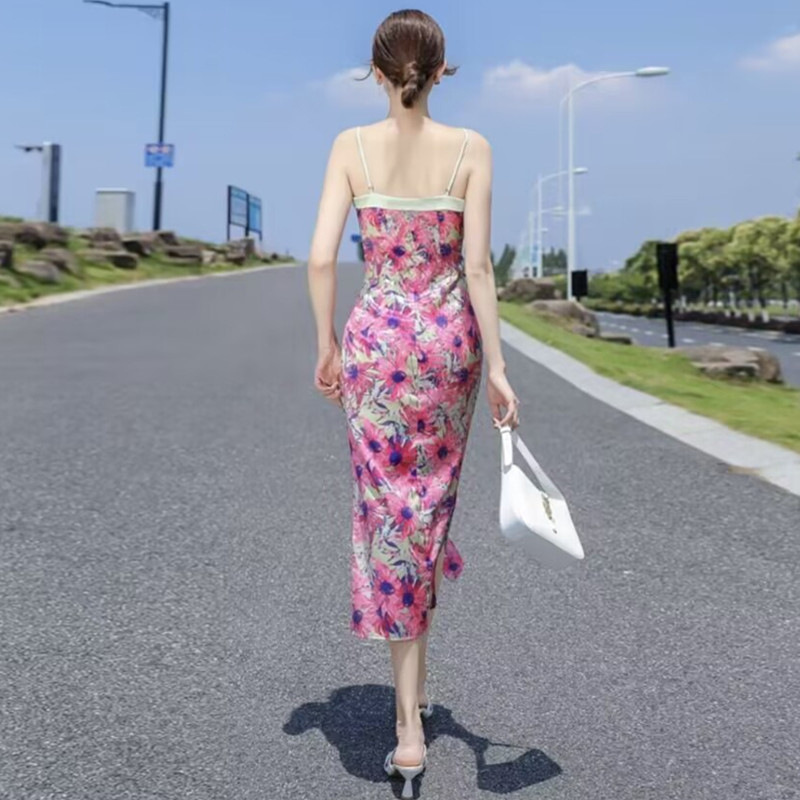 キャミワンピース 花柄プリント細肩紐ミディ丈キャミワンピース