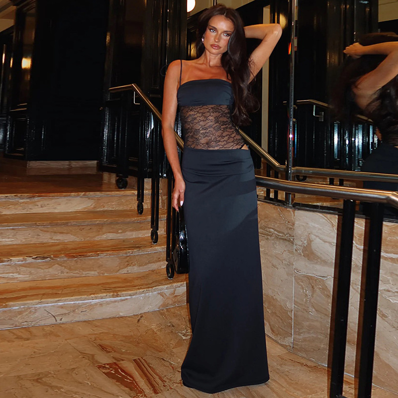 ウエスト透けレース切替ロング丈キャミワンピース