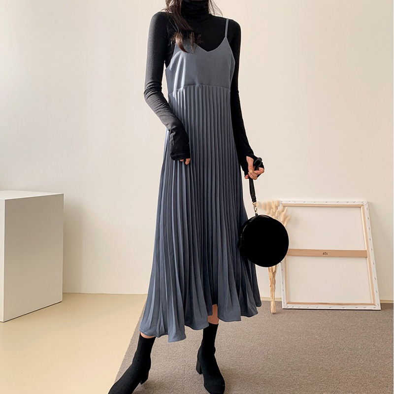 キャミワンピース プリーツ切替細肩紐ゆったりロング丈ワンピース