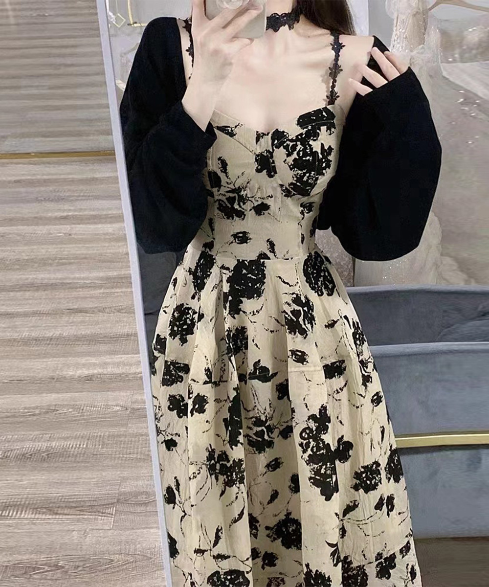 花柄リネン キャミワンピース カーディガン 2点セット