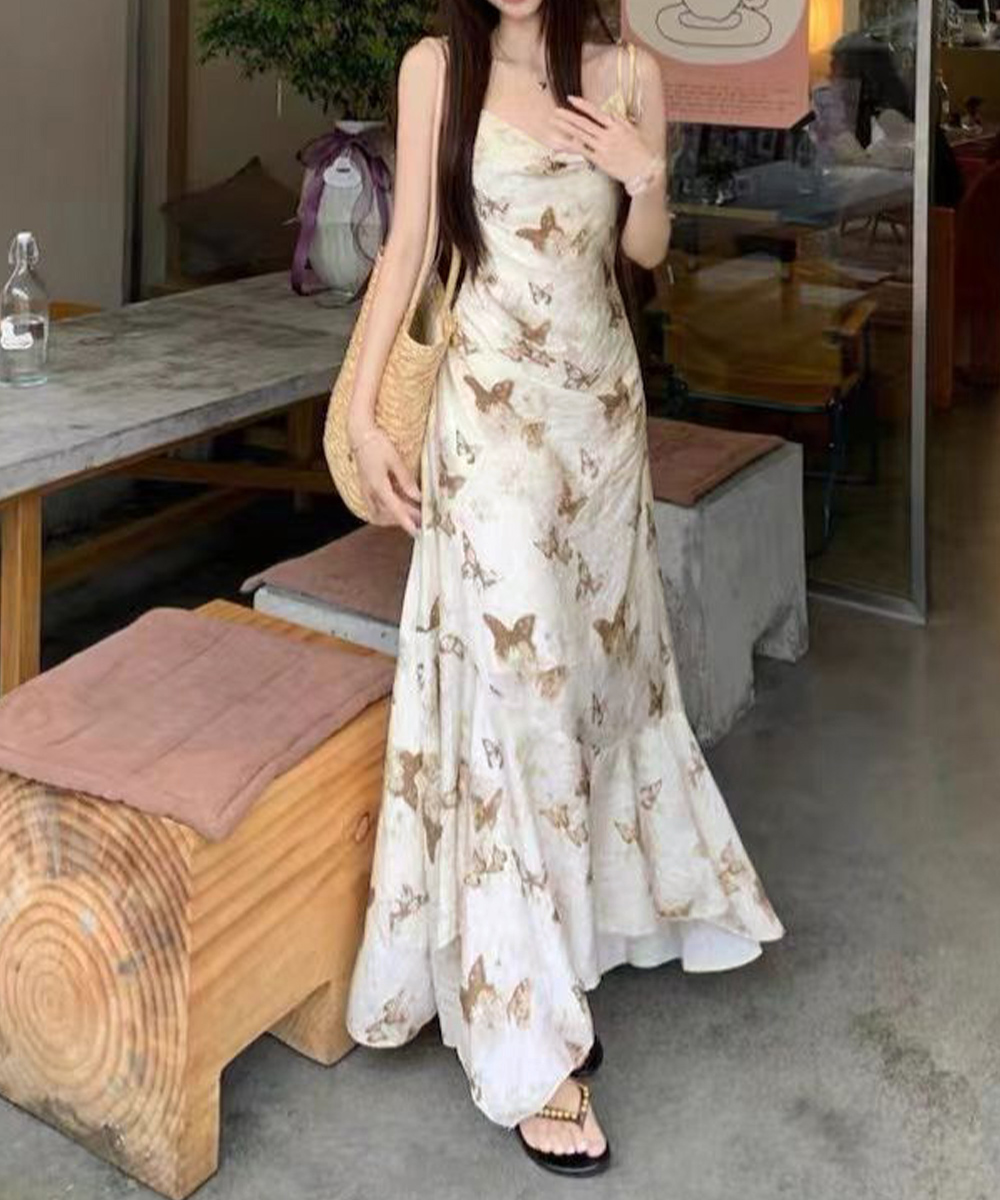 蝶柄ニットキャミワンピース 不規則裾夏服