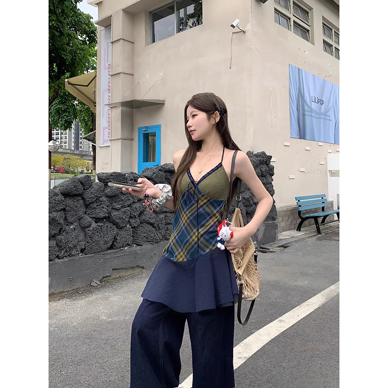 キャミワンピース レースフリル格子柄キャミワンピース