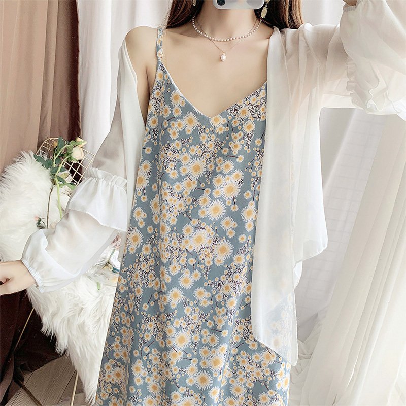 白い花柄キャミワンピース レディース 春夏 マキシ丈 二点セット