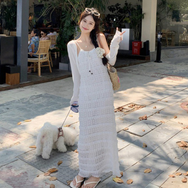 レース素材 細見えキャミワンピース 白レディース服