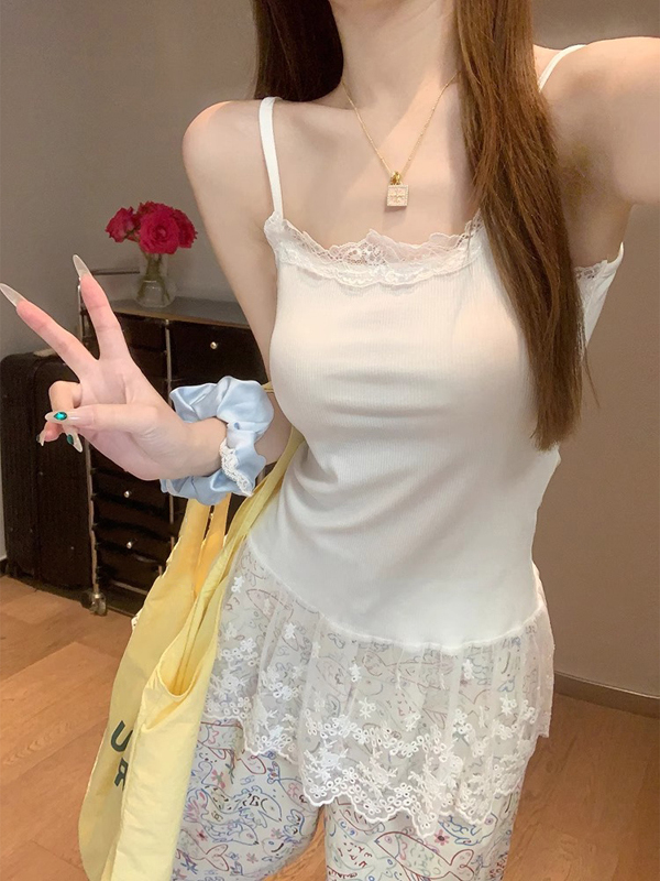 キャミワンピース レースフリルリブキャミワンピース