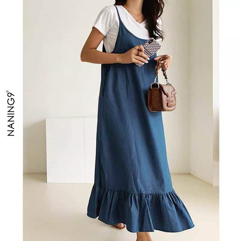 春夏新作ニット素材の体型カバー裾フリルキャミワンピース