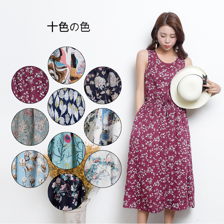 キャミワンピース 花模様リネンキャミワンピース