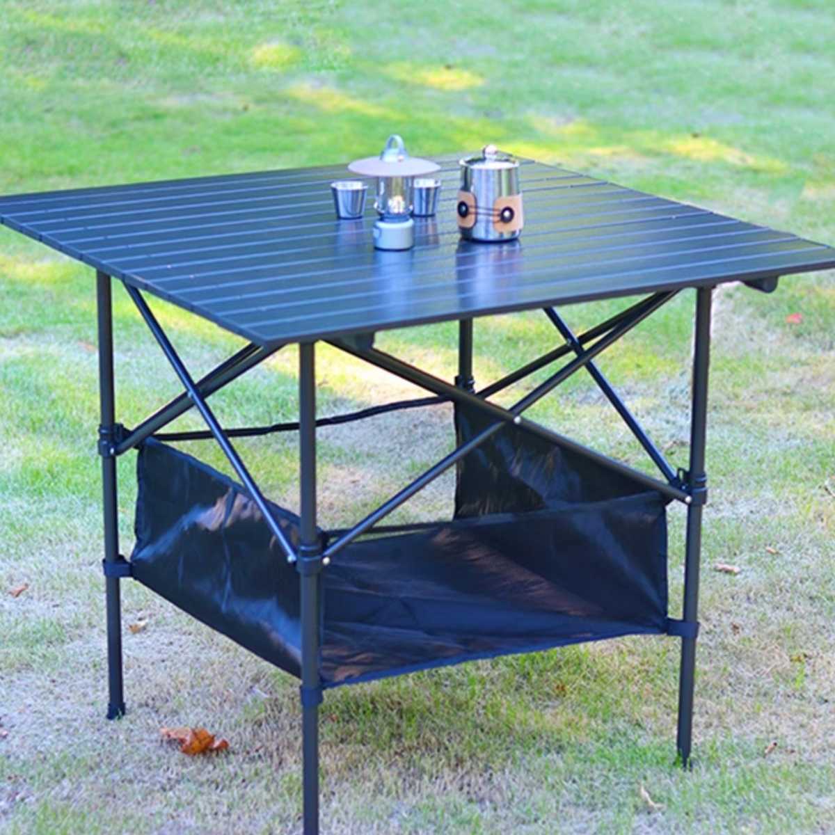 キャンプ用品 折りたたみ式アウトドアテーブル 収納棚付き