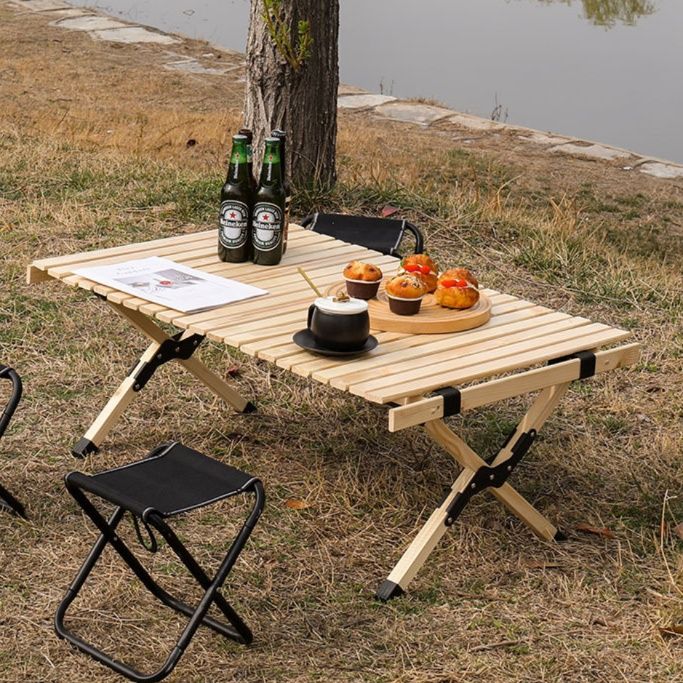 キャンプ用品 木製ロールトップ折りたたみキャンプテーブル