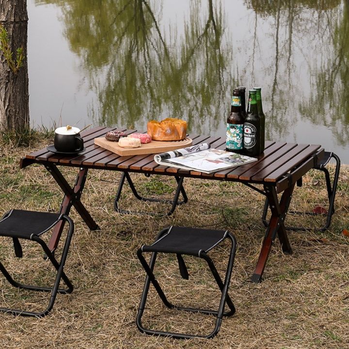 キャンプ用品 木製ロールトップ折りたたみキャンプテーブル