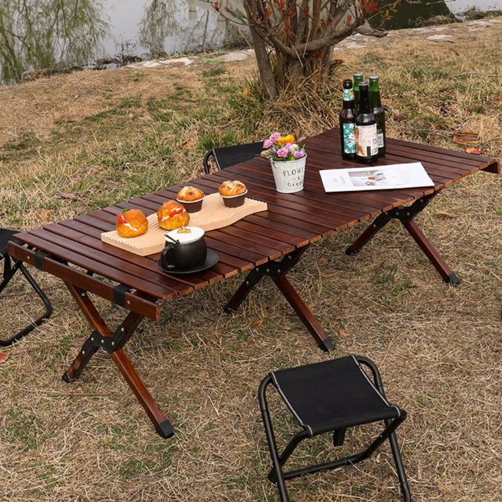 キャンプ用品 木製ロールトップ折りたたみキャンプテーブル