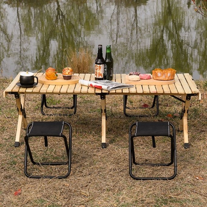 キャンプ用品 木製ロールトップ折りたたみキャンプテーブル