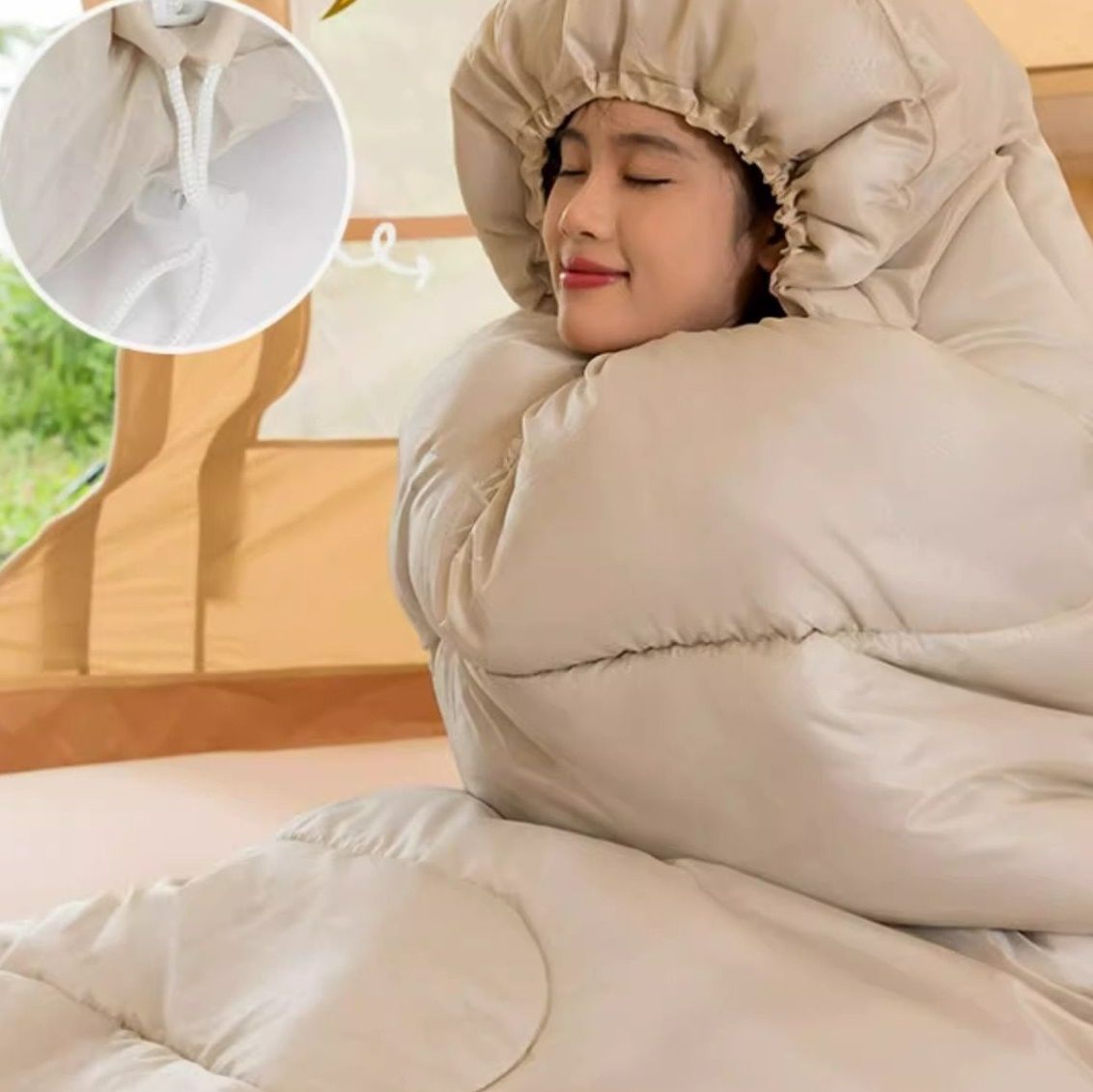 キャンプ用品 連結可能フード付き防水中綿寝袋