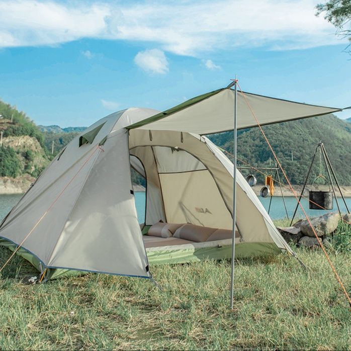 キャンプ用品 大型日除け付き自動展開式ファミリーテント