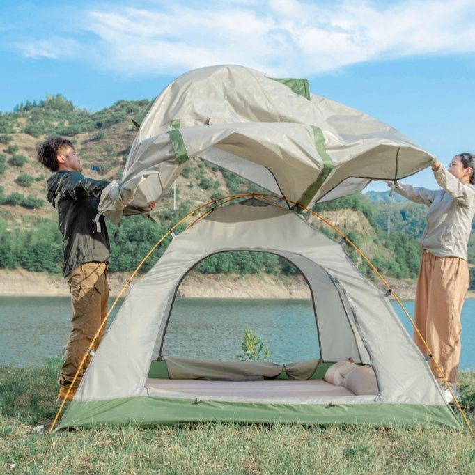 キャンプ用品 大型日除け付き自動展開式ファミリーテント