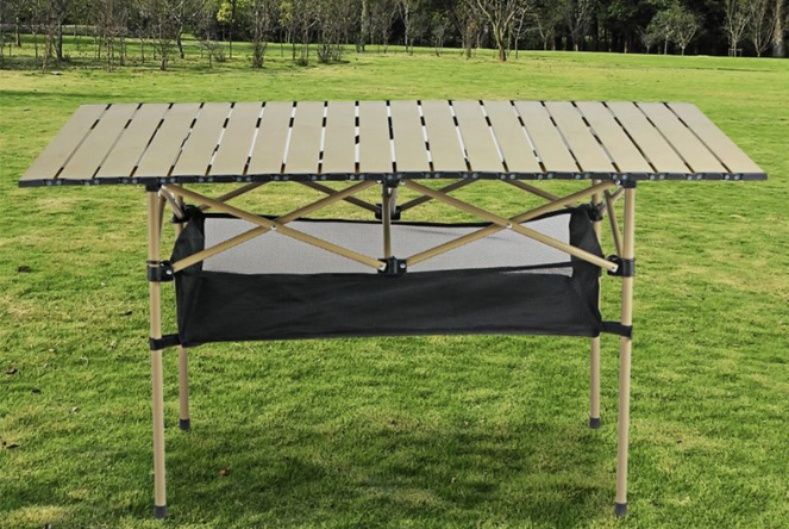 キャンプ用品 高さ調節機能付き折りたたみ式二段収納テーブル