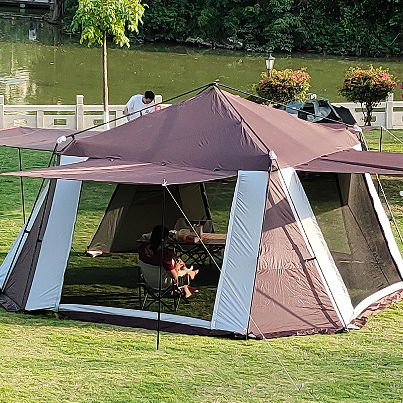 キャンプ用品 大型六角形通気性抜群日除け防虫張り出し式テント