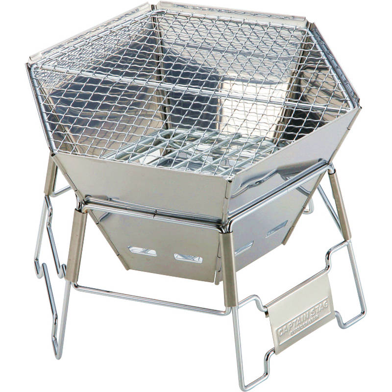 キャンプ用品 六角形ステンレス焚き火台 中型 二役対応焼き網付き