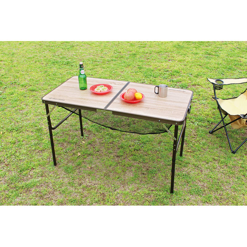 キャンプ用品 高さ調節式折りたたみテーブル 棚付き木目調