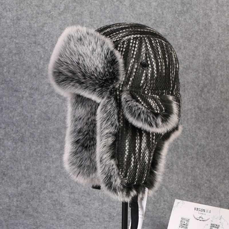 メンズ キャップ ストライプ柄ボア耳当て付き防寒フライトキャップ