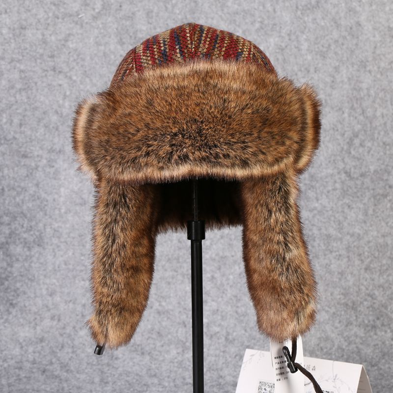 メンズ キャップ ストライプ柄ボア耳当て付き防寒フライトキャップ