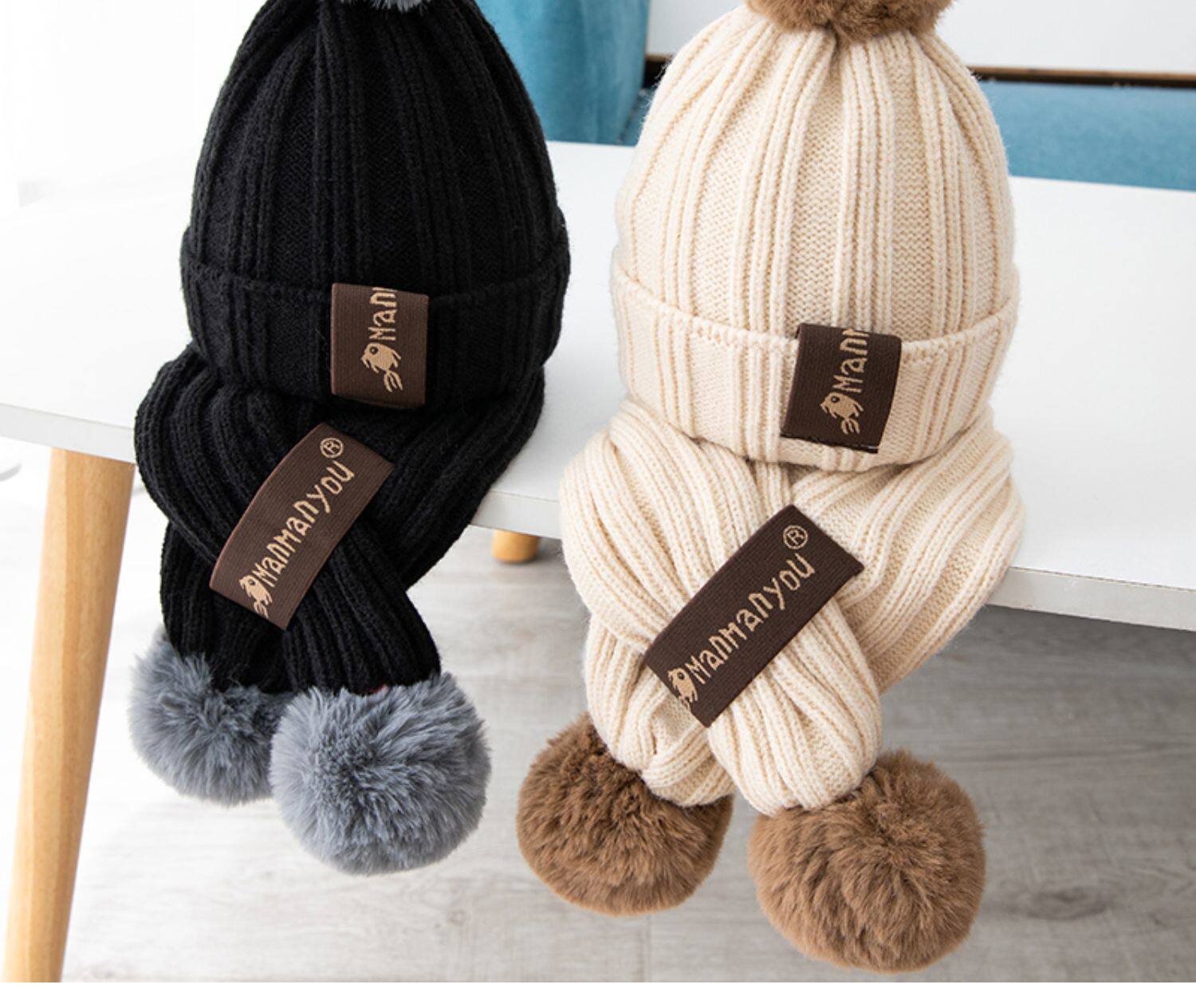 メンズ キャップ ボンボン付きリブ編みニット帽マフラーセット