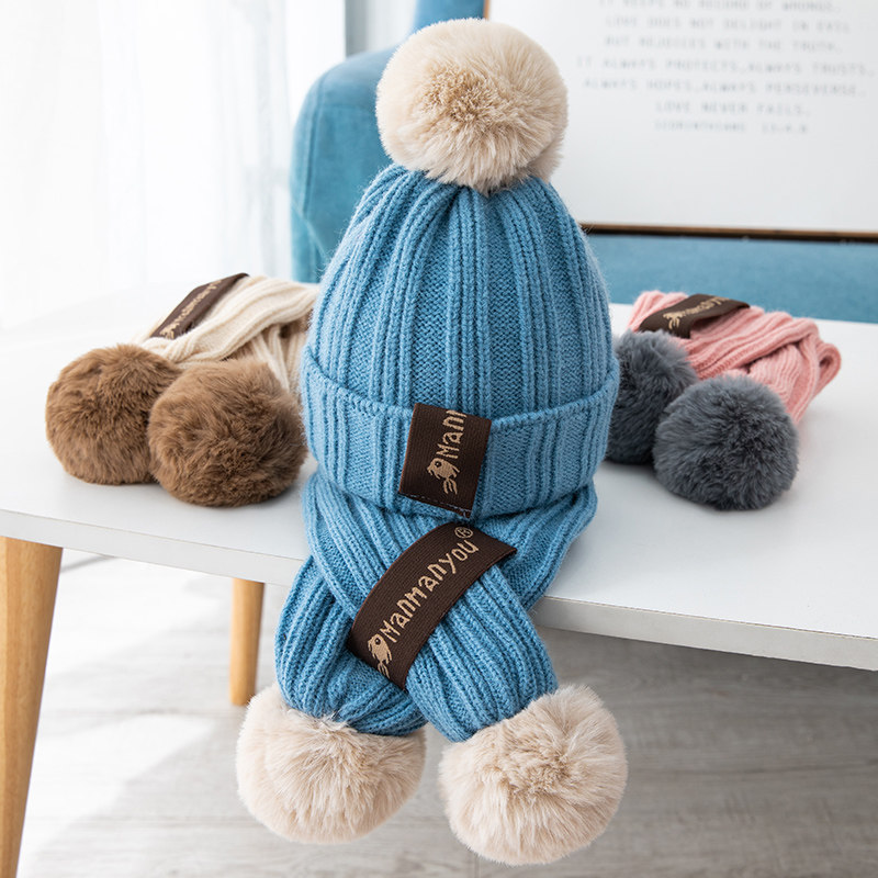 メンズ キャップ ボンボン付きリブ編みニット帽マフラーセット