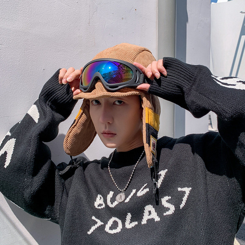 メンズ キャップ 耳当て付きゴーグル収納可能ニット帽