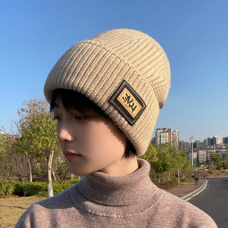 メンズ キャップ ワッペン付きリブ編みニット帽