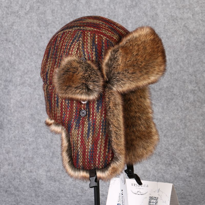 メンズ キャップ ストライプ柄ボア耳当て付き防寒フライトキャップ