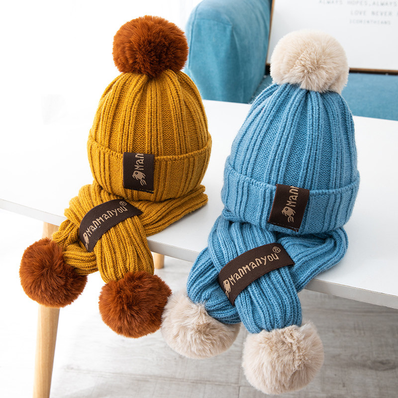 メンズ キャップ ボンボン付きリブ編みニット帽マフラーセット