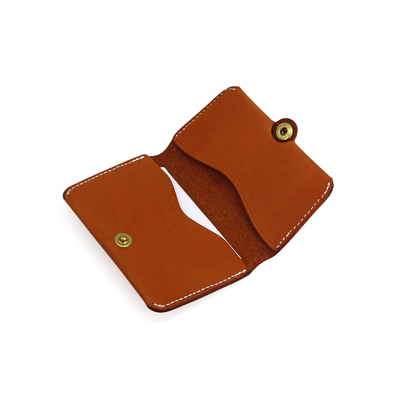 手縫いステッチ真鍮ボタン付き革製コンパクト名刺入れ