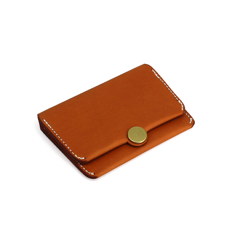 手縫いステッチ真鍮ボタン付き革製コンパクト名刺入れ