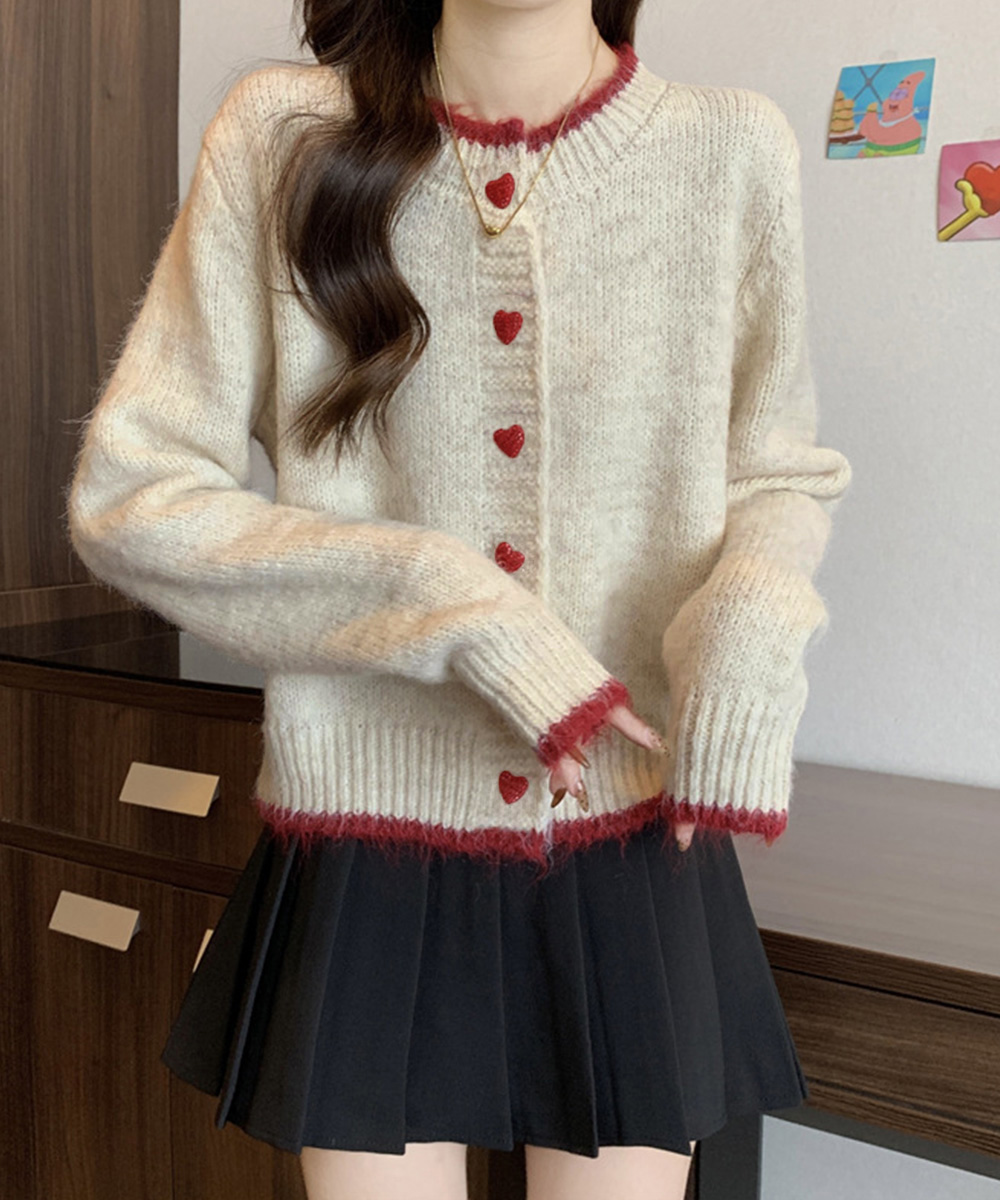 レディースカーディガン ハート模様ボタン配色ショート丈ニットカーディガン