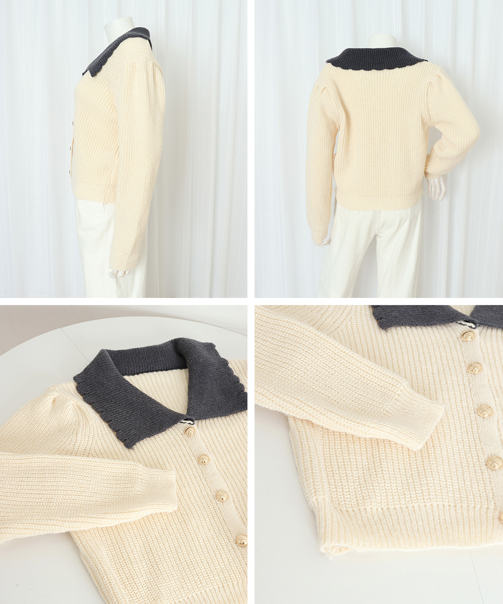 レディースカーディガン ショート丈 ニットカーディガン レディース 配色大きめ襟