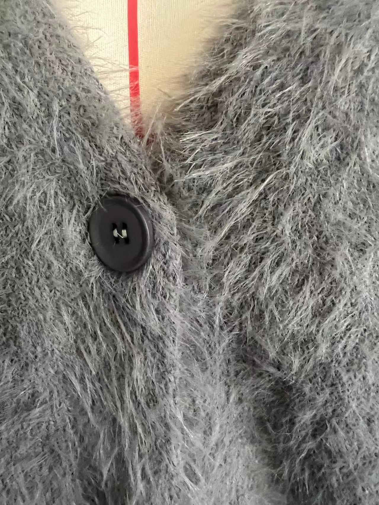 レディースカーディガン ミドル丈 ふわふわシャギー ブイネック カーディガン