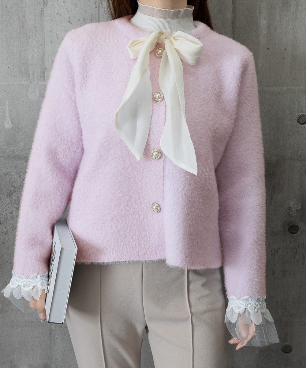 レディースカーディガン 大きめリボンタイ ショート丈 シャギーニット カーディガン